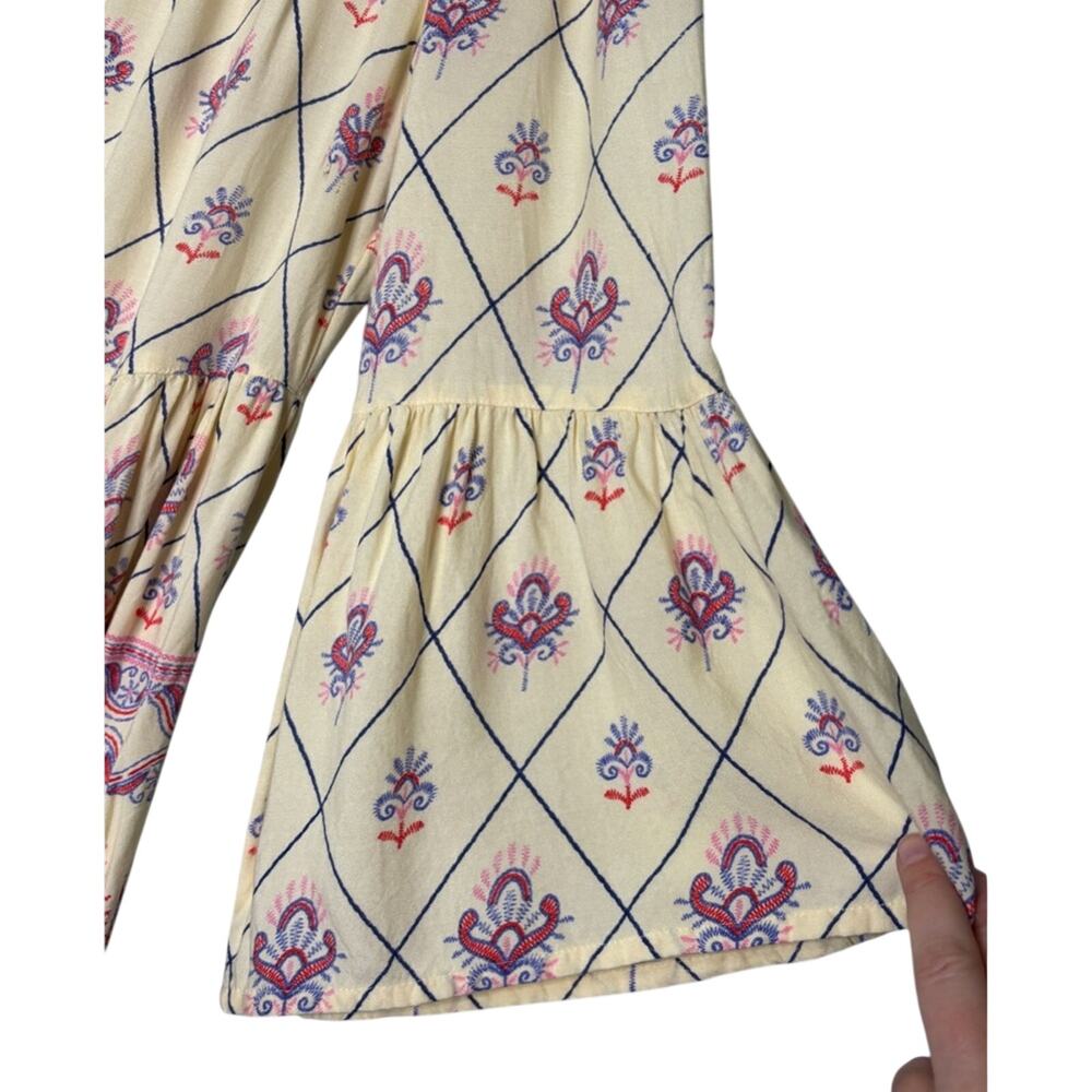 RAGA Anthropologie Ivory Border Print Boho Cream Peasant Top Bell Sleeve L - Picture 7 of 9